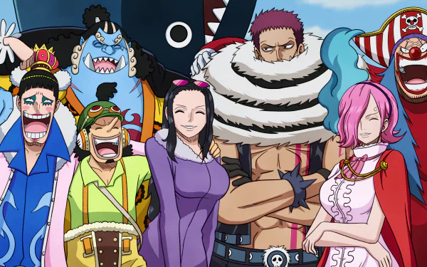4K Ultra HD anime One Piece PC wallpaper/background: Reiju Vinsmoke, Buggy, Usopp, Nico Robin and Jinbe in a colorful group portrait against a bright sky.