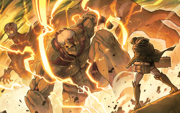 A dramatic scene from Attack on Titan, featuring a colossal Titan in battle, with vibrant colors and dynamic action, presented as a 4K Ultra HD PC desktop wallpaper.