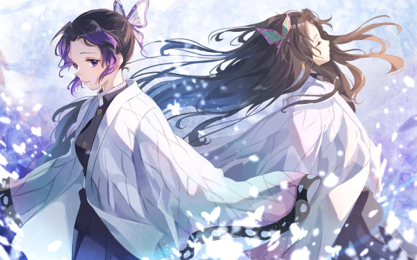 4K Ultra HD anime wallpaper featuring Kanao Tsuyuri and Shinobu Kochou from Demon Slayer: Kimetsu no Yaiba in a serene, butterfly-filled scene.