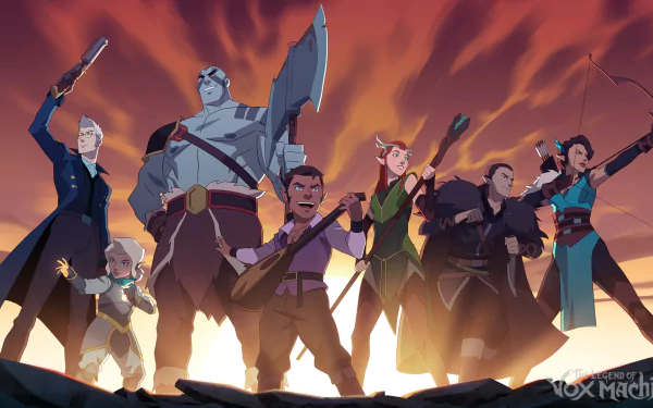 HD PC desktop wallpaper of The Legend of Vox Machina cast standing triumphant on a rocky ridge against a fiery sky, TV show logo in the corner.