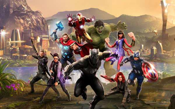 T'Challa Black Panther (Marvel Comics) Hawkeye Black Widow Clint Barton Kate Bishop Captain America Kamala Khan Ms. Marvel Hulk Iron Man video game Marvel's Avengers HD Desktop Wallpaper | Background Image