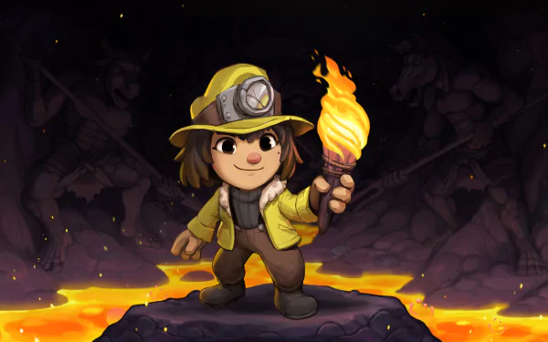 HD desktop wallpaper of Spelunky 2 featuring an animated character holding a torch, standing on a rock with lava beneath.