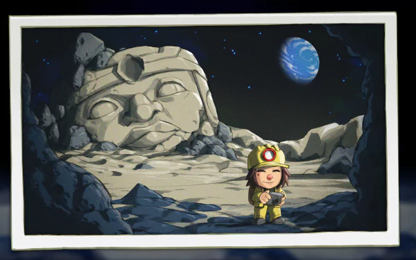 HD desktop wallpaper featuring an animated character from Spelunky 2 with a lunar background and large stone head.