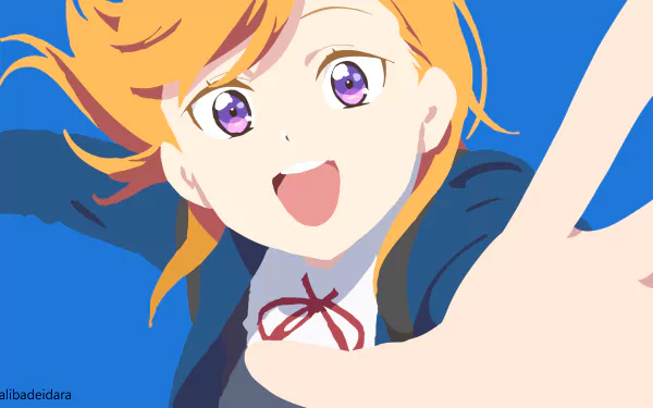 Vector-style 4K PC wallpaper of Kanon Shibuya from Love Live! Superstar!! (Love Live! anime): cheerful, orange-haired idol with purple eyes reaching out in a school uniform against a bright blue background.