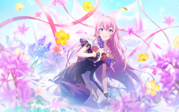 HD PC desktop wallpaper featuring Luka Megurine from the video game Project Sekai: Colorful Stage! feat. Hatsune Miku, surrounded by vibrant flowers and pastel colors.