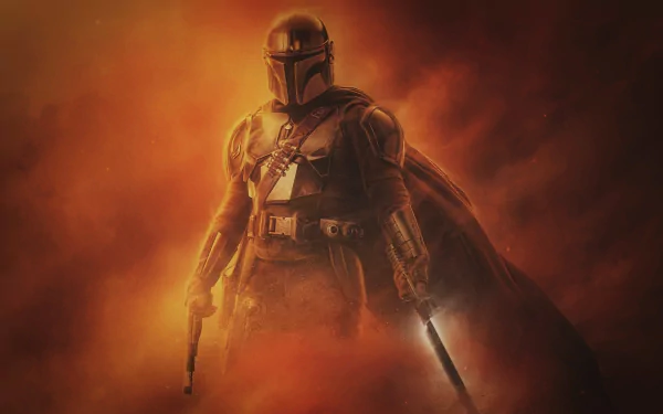 HD desktop wallpaper featuring The Mandalorian and Boba Fett from the Star Wars TV show, The Mandalorian, set against a fiery, smoky background.