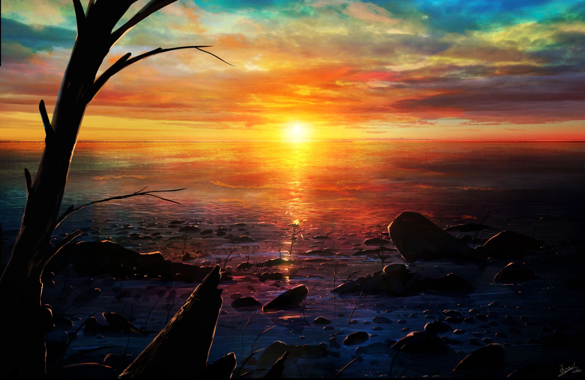A vibrant anime sunset over a rocky shoreline, with the sun setting on the horizon, creating a stunning 4K Ultra HD desktop wallpaper background.