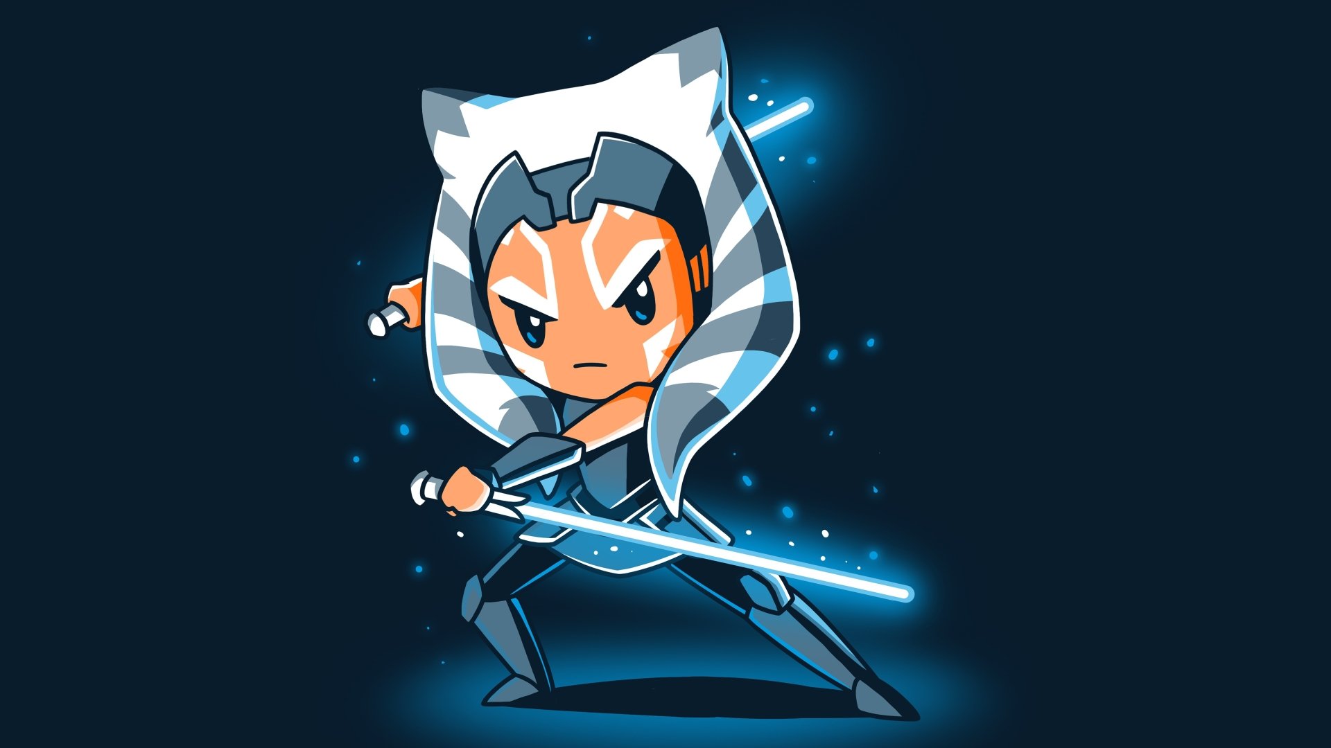 Chibi-style Ahsoka Tano wielding a glowing lightsaber in a sci-fi Star Wars setting, rendered as a vibrant 4K Ultra HD PC desktop wallpaper.