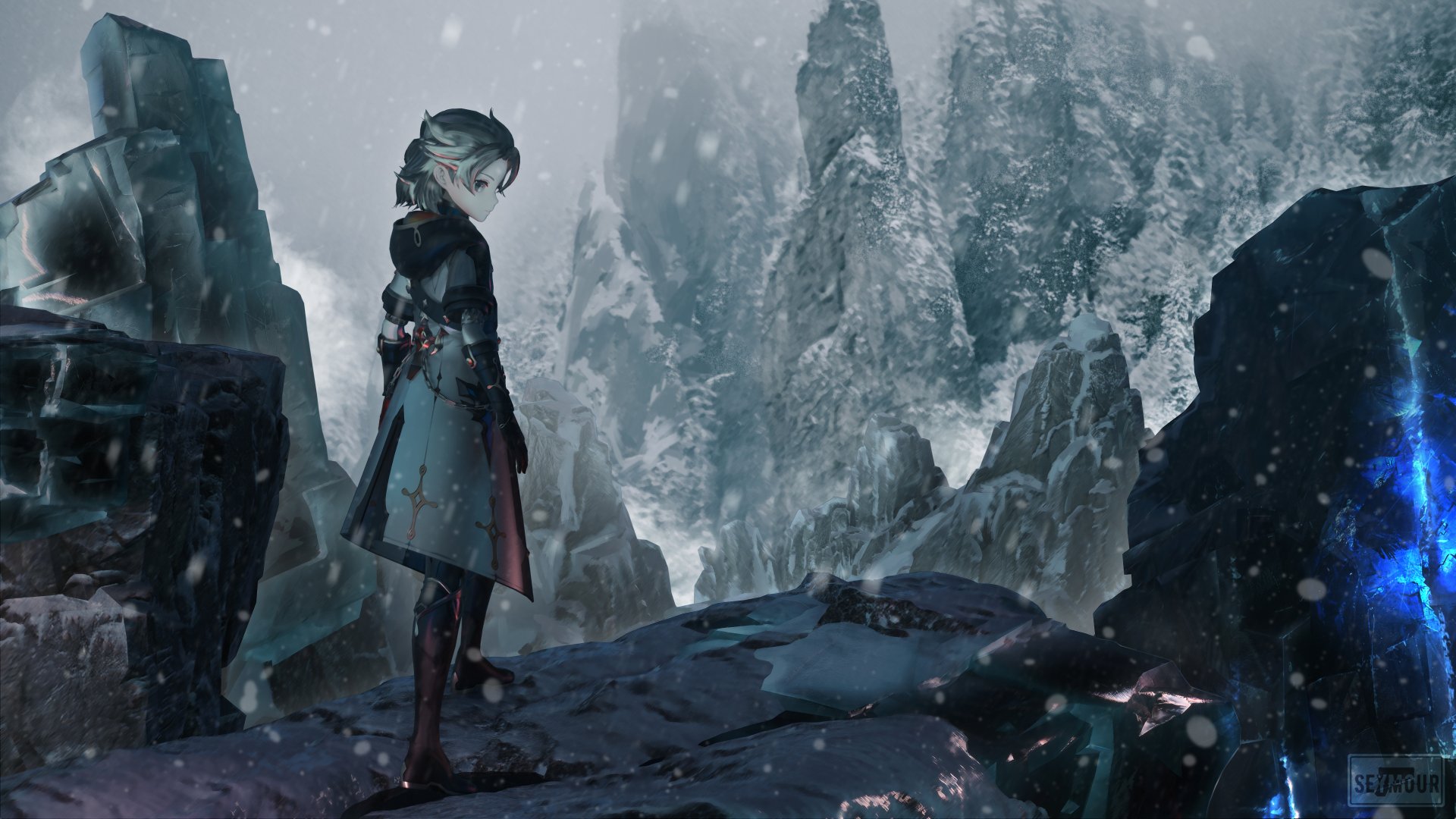 Albedo from Genshin Impact stands amidst a snowy, mountainous landscape in this 4K Ultra HD PC desktop wallpaper from the video game.