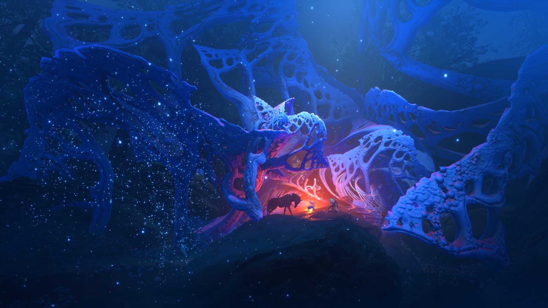 A fantasy landscape with an adventurer on horseback near glowing structures, bathed in mystical blue and orange light, designed as an HD PC desktop wallpaper.