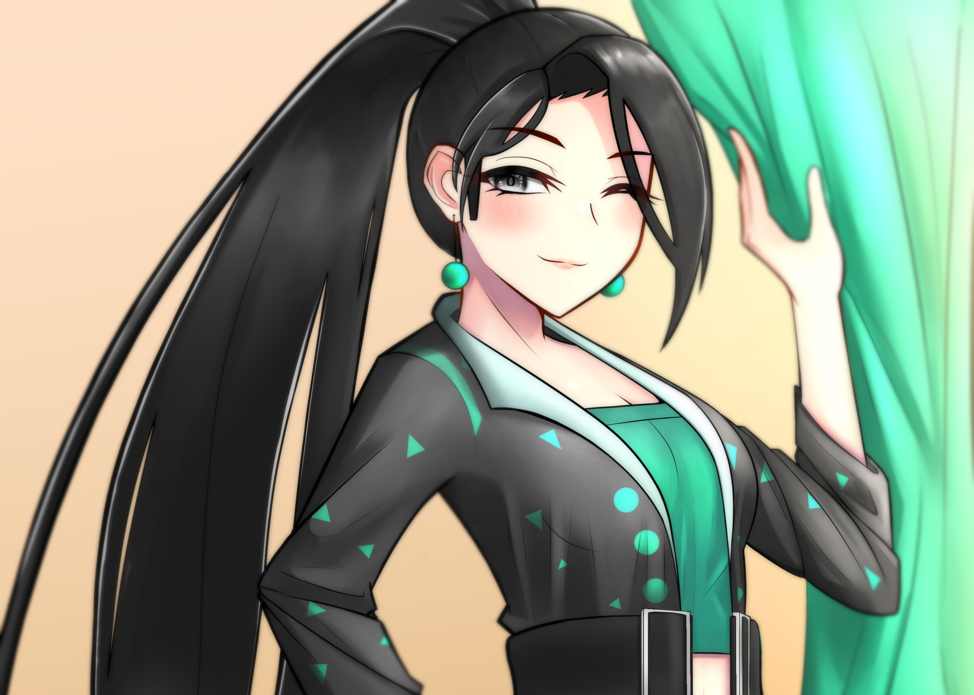 Sage (Valorant) winks with teal scarf and long black hair in a stylish illustration — 2K Quad HD PC desktop wallpaper from the video game Valorant.