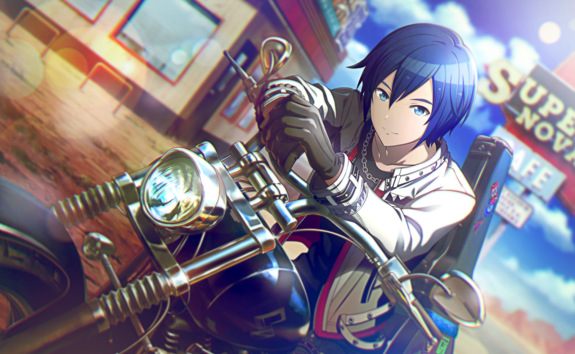 HD PC desktop wallpaper featuring Kaito from Vocaloid in a dynamic scene from the video game Project Sekai: Colorful Stage! feat. Hatsune Miku, riding a motorcycle.