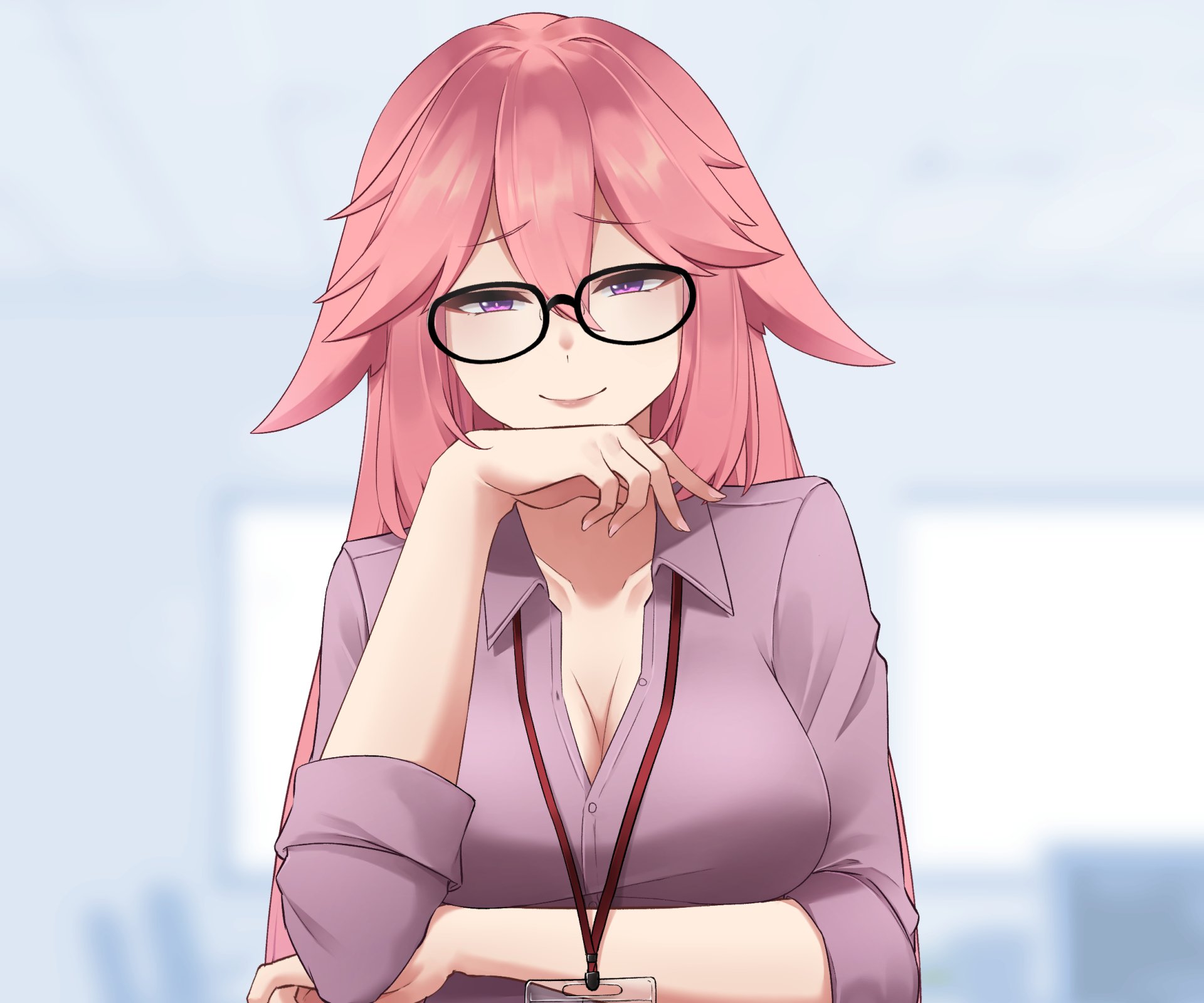 HD PC desktop wallpaper of Yae Miko (Guuji) from the Genshin Impact video game: pink-haired, glasses, coy smile, low-cut blouse and lanyard against a soft blurred background.