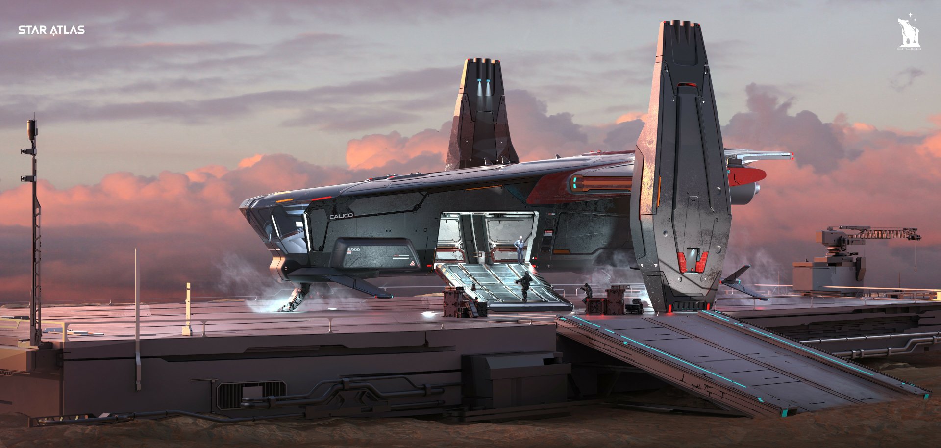 HD desktop wallpaper of a Star Atlas spaceship parked on a launch pad with cloudy skies in the background.