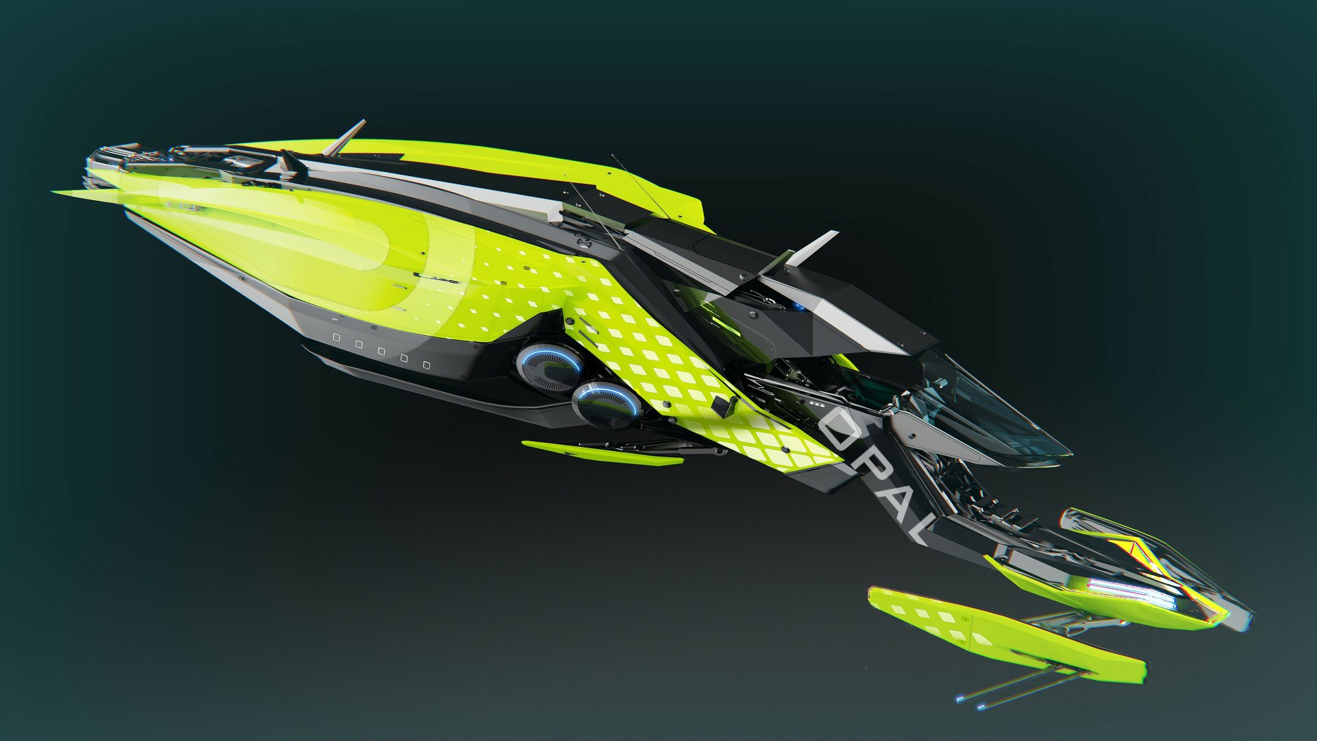 Vibrant neon green and black futuristic spacecraft from Star Atlas, set as a high-definition desktop wallpaper and background.
