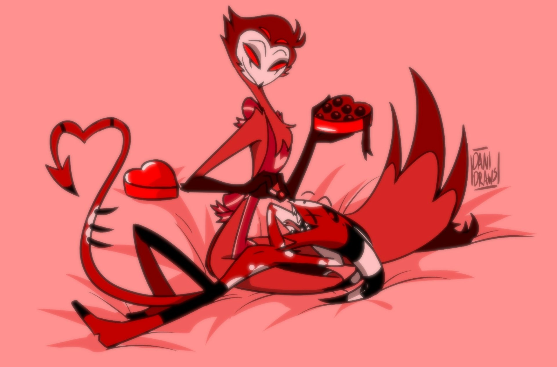 HD PC desktop wallpaper/background of Stolas and Blitzo (Helluva Boss, TV show) in red tones — Stolas offers chocolates as a playful Blitzo lounges with a heart-shaped tail.
