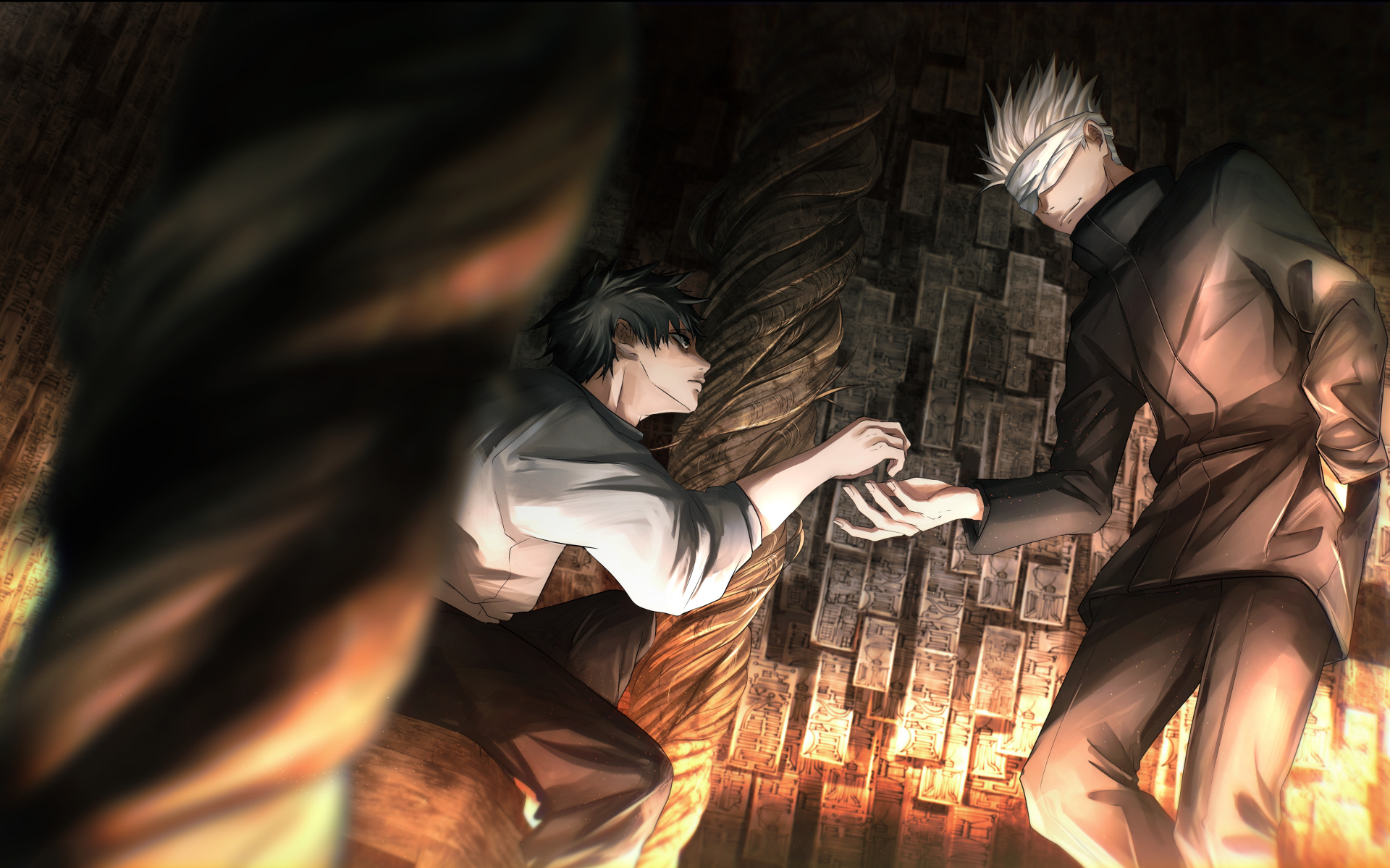 4K Ultra HD anime wallpaper featuring Yuta Okkotsu and Satoru Gojo from Jujutsu Kaisen, showcasing a dynamic and intense moment between the characters.