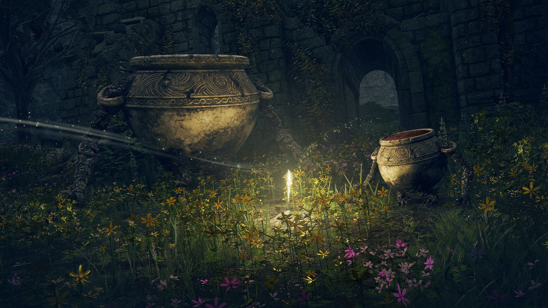 HD PC desktop wallpaper from the video game Elden Ring, featuring glowing pots and a lit candle amidst flowers in a dark, ruined environment.