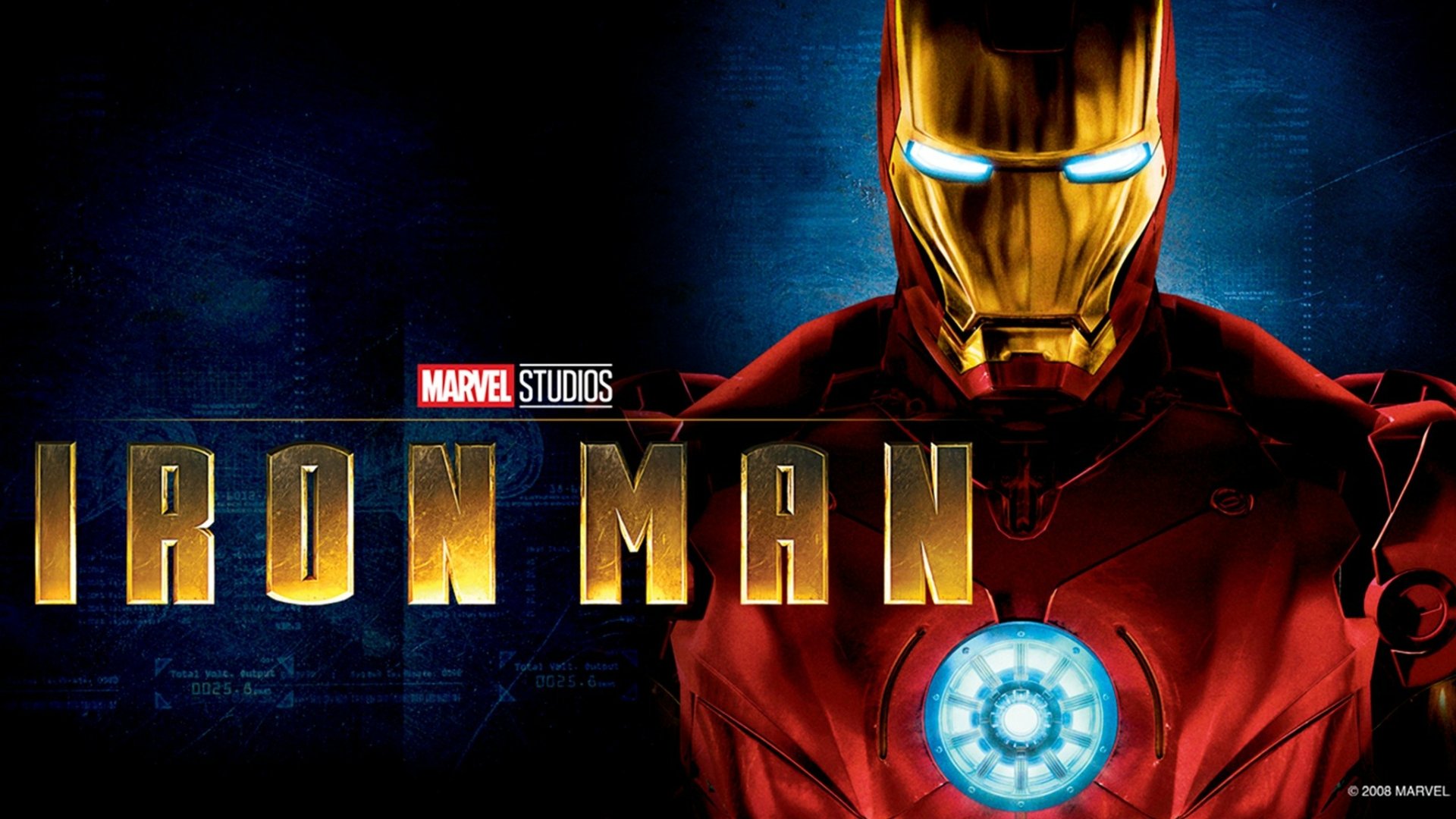 HD PC desktop wallpaper: Iron Man movie poster—close-up of armored Iron Man with glowing arc reactor and eyes, bold IRON MAN title and Marvel Studios logo.