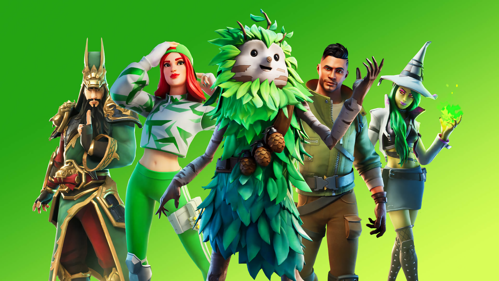 HD PC desktop wallpaper featuring Fortnite characters in vibrant costumes against a bright green background, highlighting the game's diverse and colorful designs.