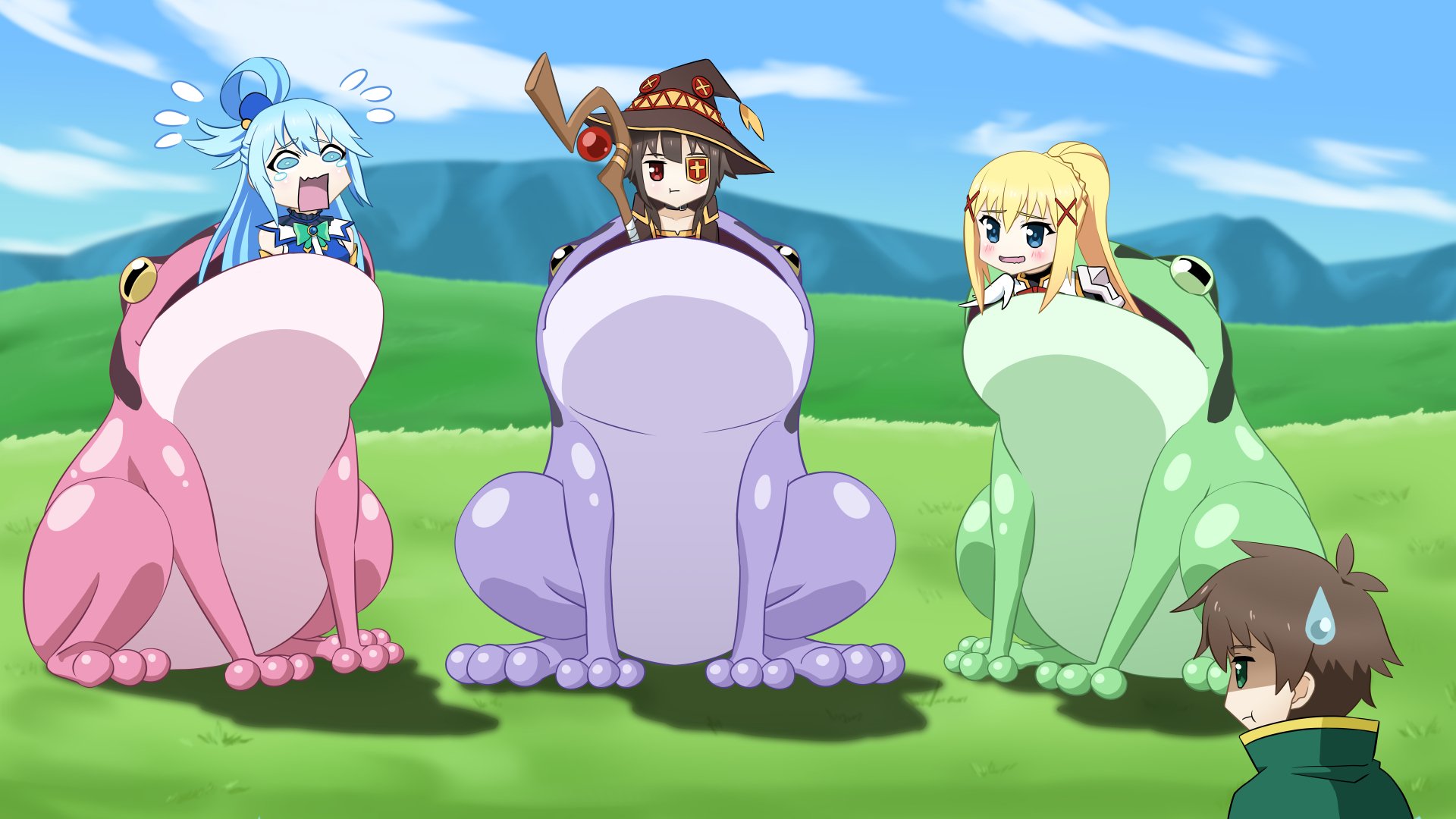 HD PC wallpaper from KonoSuba - God’s blessing on this wonderful world!!: Aqua, Megumin and Lalatina Darkness Dustiness Ford seated in giant colorful frogs as Kazuma watches in a sunny field.