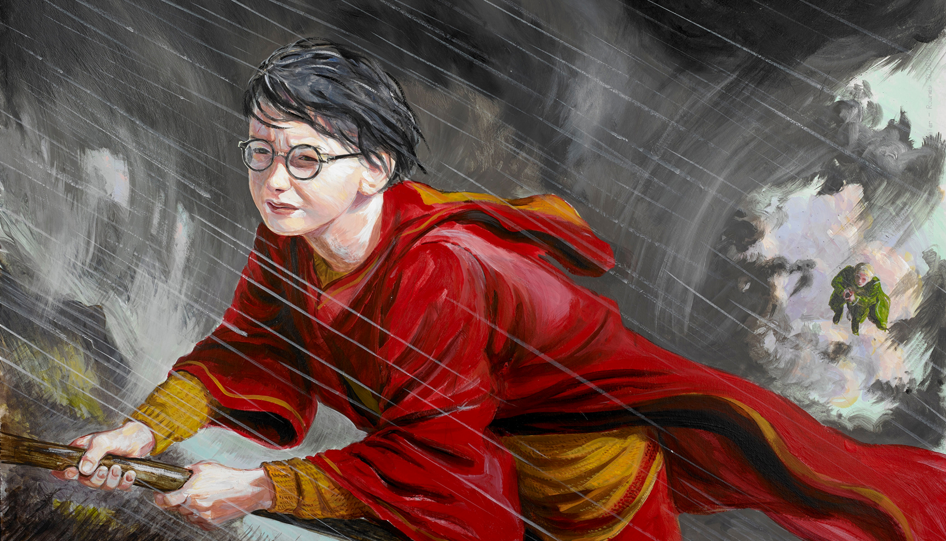 HD desktop wallpaper featuring Harry Potter from the movie Harry Potter and the Chamber of Secrets flying on a broomstick through rain and stormy skies.