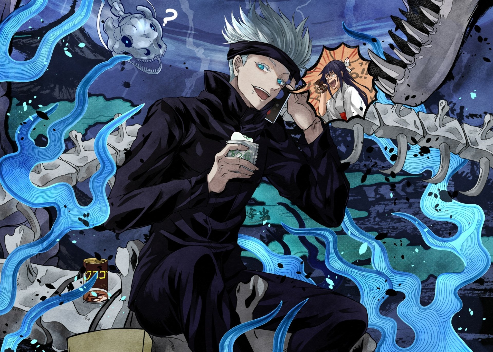 HD PC desktop wallpaper featuring Satoru Gojo from the anime Jujutsu Kaisen, surrounded by blue energy and supernatural creatures in a dynamic, dark setting.
