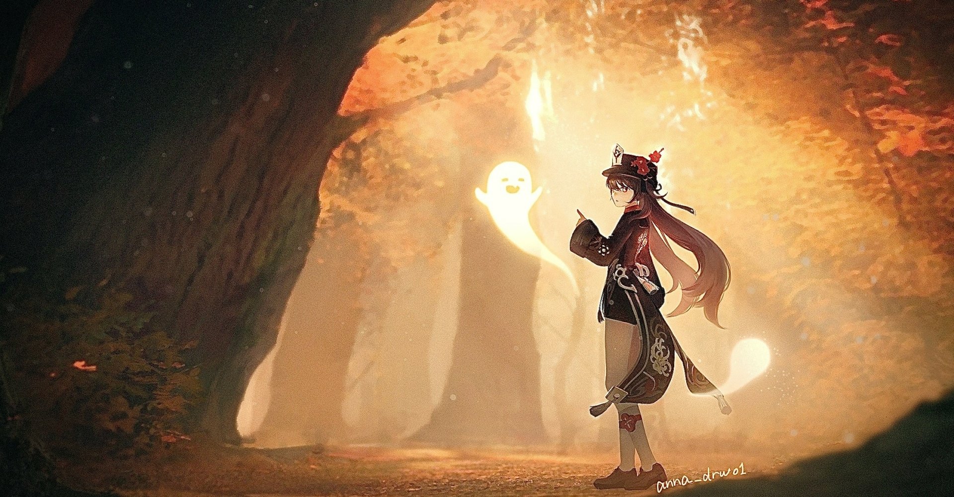 HD PC desktop wallpaper of Hu Tao from the video game Genshin Impact, standing in a softly lit forest with glowing ghost companions.
