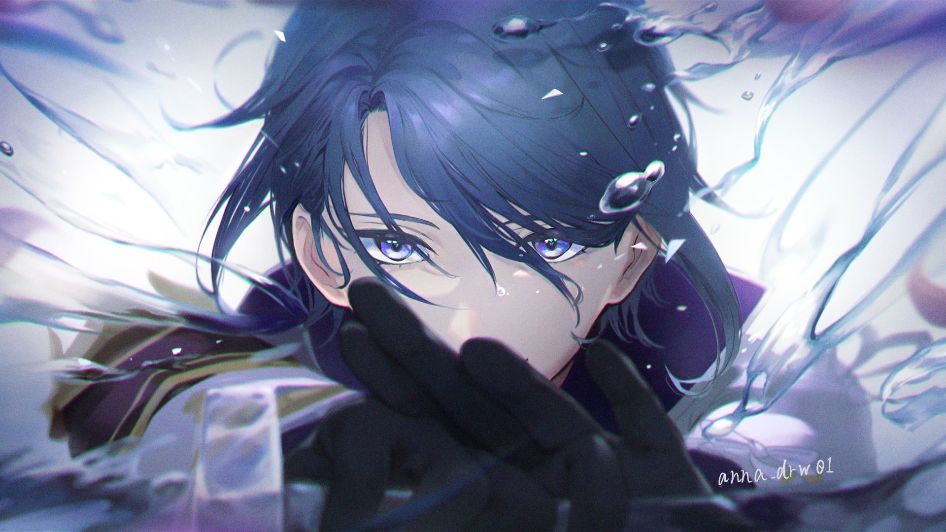 HD PC desktop wallpaper of Kamisato Ayato from the video game Genshin Impact, featuring him underwater with intense blue eyes and flowing dark hair.