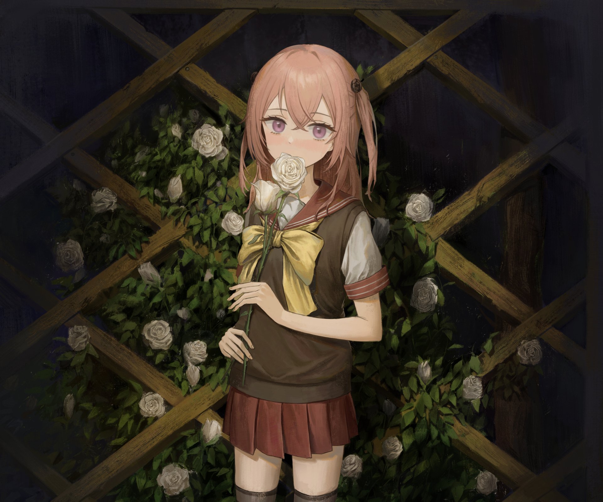 HD PC desktop wallpaper/background of Sajuna Inui from My Dress-Up Darling — anime portrait holding a white rose before a rose-covered trellis, soft muted tones.