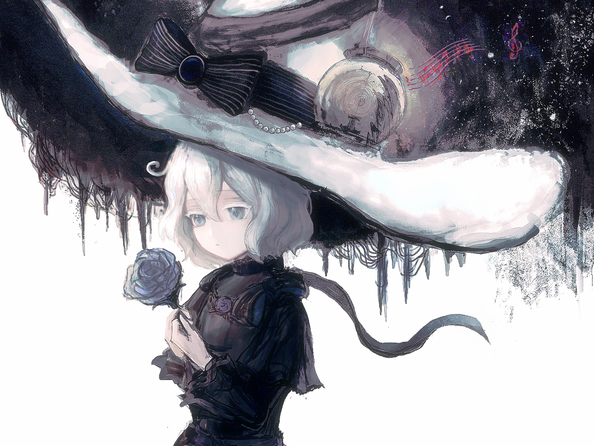 HD PC desktop wallpaper/background of Chloé d'Apchier from the anime The Case Study of Vanitas: pale, white‑haired girl in an oversized witch hat holding a dark rose against a moonlit, painterly gothic sky.