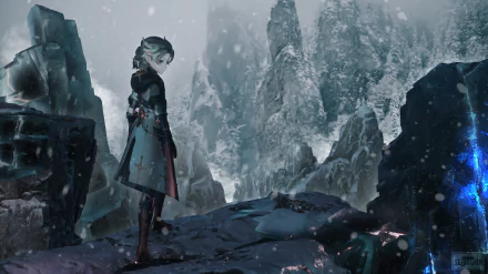 Albedo from Genshin Impact stands amidst a snowy, mountainous landscape in this 4K Ultra HD PC desktop wallpaper from the video game.