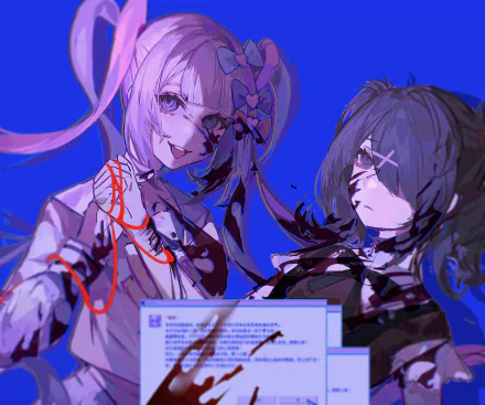 HD PC wallpaper of NEEDY GIRL OVERDOSE characters Ame-chan and OMGkawaiiAngel-chan: stylized blue-violet portrait with bandages, red thread, blood splatters and a blurred video game notification.