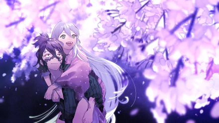 HD anime desktop wallpaper featuring Daki and Gyutaro from Demon Slayer: Kimetsu no Yaiba surrounded by glowing cherry blossoms in soft purple hues.