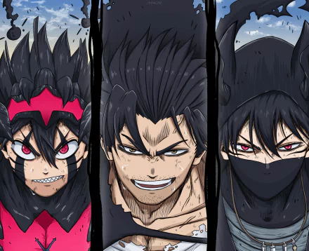 HD PC wallpaper featuring Anime characters Nacht, Yami Sukehiro, and Asta from Black Clover with intense expressions and dynamic close-up portraits.