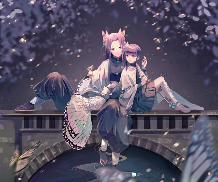 HD anime wallpaper featuring Kanao Tsuyuri, Shinobu Kochou, and Kanae Kocho from Demon Slayer: Kimetsu no Yaiba, sitting together on a stone bridge under soft evening light.