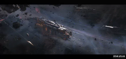 HD wallpaper of a spaceship from Star Atlas, a space-themed video game, set against a backdrop of cosmic debris and stars for desktop background.