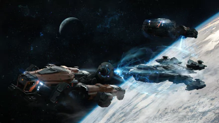 HD Star Citizen desktop wallpaper featuring spaceships engaged in battle above a planet's surface.