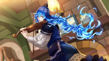 HD PC desktop wallpaper featuring Idia Shroud from the video game Twisted Wonderland, playing a violin with flowing blue hair and vibrant, detailed background lighting.