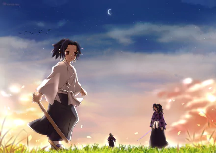HD anime desktop wallpaper featuring Kokushibo from Demon Slayer: Kimetsu no Yaiba standing with a sword under a twilight sky.