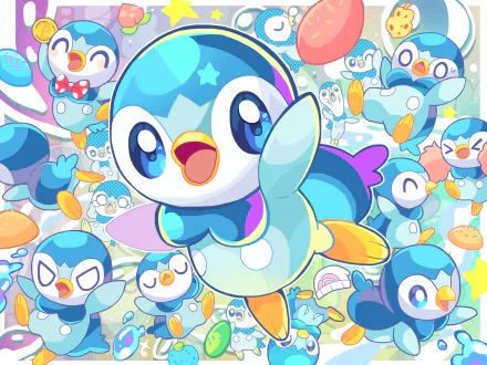 HD PC desktop wallpaper background of Piplup (Pokémon) from the video game Pokémon: Diamond and Pearl — cheerful, chibi-style Piplup characters in a colorful, repeating pattern.