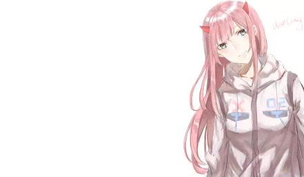 Zero Two from Darling in the FranXX anime, featured in a 4K Ultra HD desktop wallpaper with soft colors and a light background.