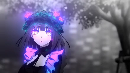 HD PC desktop wallpaper featuring Marin Kitagawa from the anime My Dress-Up Darling, showcasing vibrant neon lighting against a blurred grayscale background.