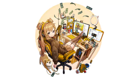 Anime girl lounging at a cluttered PC desk with dual monitors, snacks and a cat — colorful 2K Quad HD PC desktop wallpaper/background.