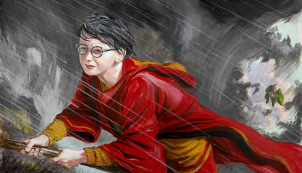 HD desktop wallpaper featuring Harry Potter from the movie Harry Potter and the Chamber of Secrets flying on a broomstick through rain and stormy skies.