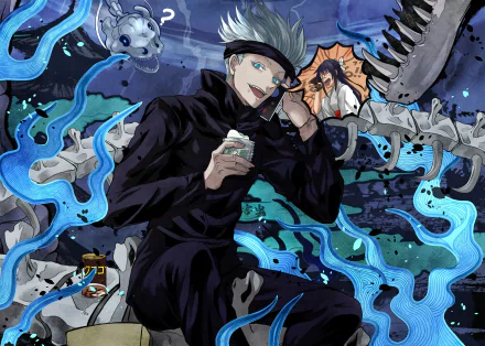 HD PC desktop wallpaper featuring Satoru Gojo from the anime Jujutsu Kaisen, surrounded by blue energy and supernatural creatures in a dynamic, dark setting.