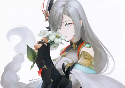 Shenhe from Genshin Impact is depicted in this HD PC wallpaper, featuring her holding a flower with an elegant expression and intricate attire, showcasing the game's captivating art style.