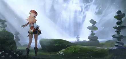 Yanfei from Genshin Impact stands overlooking a misty landscape with stacked stones, featured in this HD PC desktop wallpaper from the video game Genshin Impact.