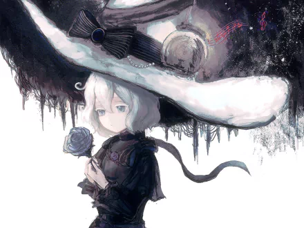 HD PC desktop wallpaper/background of Chloé d'Apchier from the anime The Case Study of Vanitas: pale, white‑haired girl in an oversized witch hat holding a dark rose against a moonlit, painterly gothic sky.