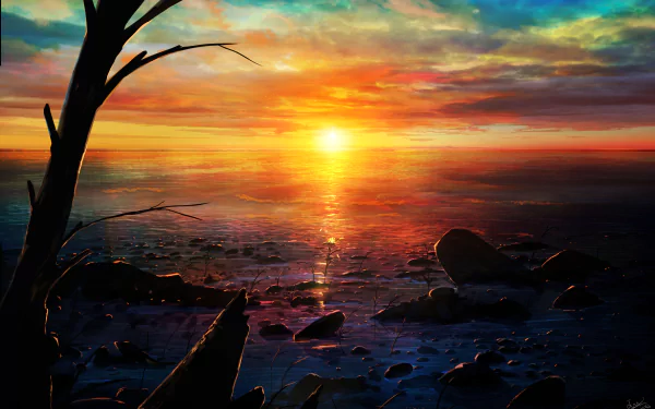 A vibrant anime sunset over a rocky shoreline, with the sun setting on the horizon, creating a stunning 4K Ultra HD desktop wallpaper background.